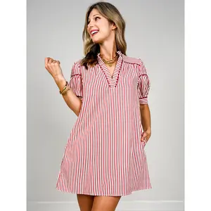 Scallop Trimmed Pinstripe Shift Dress