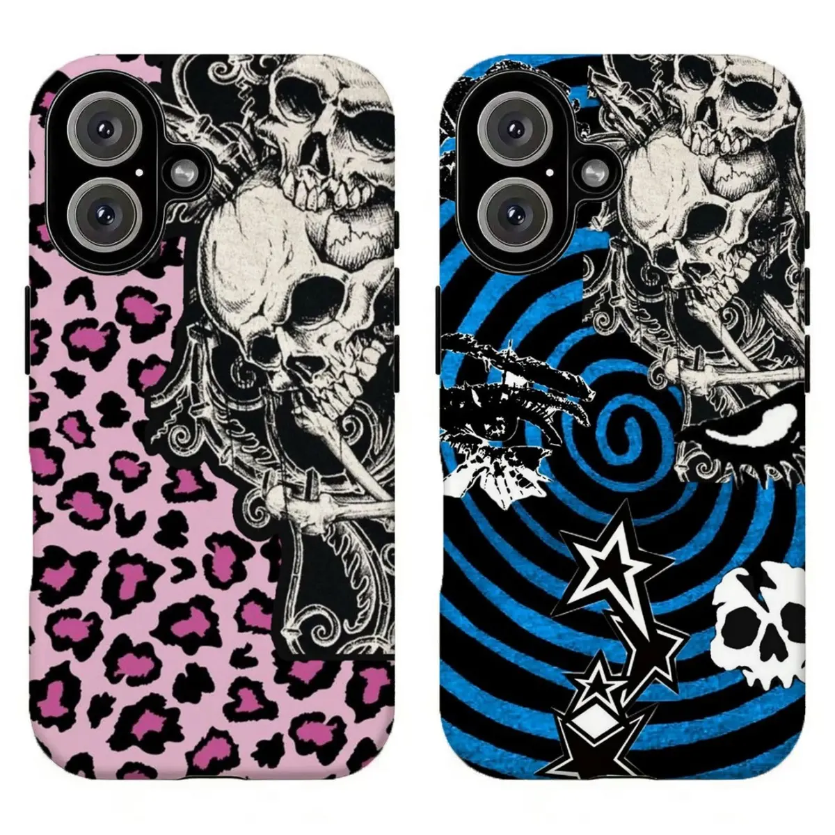 FL-Pink Leopard Print Gothic Skull Phone Case,Grunge Emo Aesthetic Protective Cover,Y2K Edgy Aesthetic Protective Cover For iPhone 11 12 13 14 15 16 17 Air Pro Max for Samsung S26 S25 S24 S23 S22 S21 Case,Gift for fans