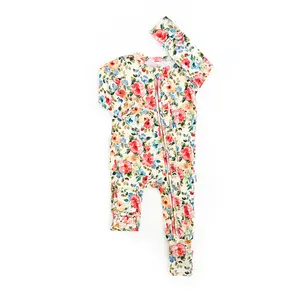 Nayeli RUFFLE ZIP Floral Print Baby Romper with Zipper for Easy Diaper Changes & Stretchy Bamboo Viscose Fabric