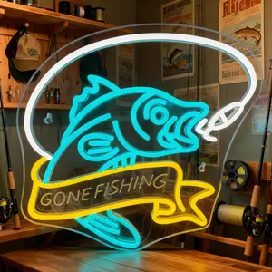Go Fishing Neon Sign, Dimmable Fish Neon Light for Wall Decor, LED USB Powered Fishing Hook Lights for Bedroom Living Room Man Cave Yacht Outdoor Indoor Decor Men Gifts