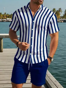 Men's Striped Print Short Sleeve Shirt + Shorts Set, Fitted Tropical Summer Vacation Fashion Two-Piece Outfit, Cool and Comfortable, Versatile Matching Trendy