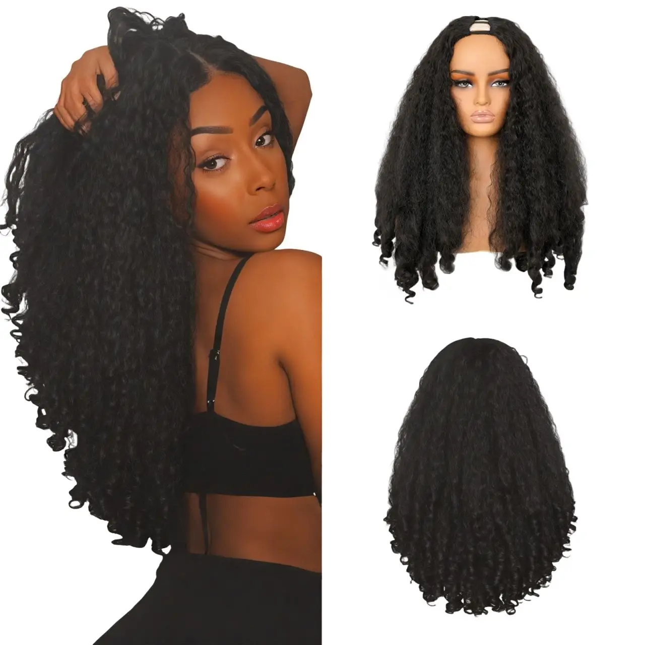 New Afro Curly V Part Wig Kinky Synthetic Braided Hair Texture with Unique Bouncy Curls in the End 20 Inch Soft Curly Full Hair V Part Wigs Synthetic