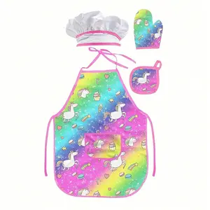 Colorful Unicorn Magic Chef Set for Kids, Magical, Apron, Gloves, Hat, Accessories, Baking Tools, Role Play Costume, Perfect New Year Gift