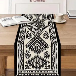 2D1 Bohemian style black and white diamond geometric stripe table runway, rectangular table cloth, suitable for graduation party decoration, kitchen and dining room home decoration, scratch resistant desktop protection pad, ethnic style decoration