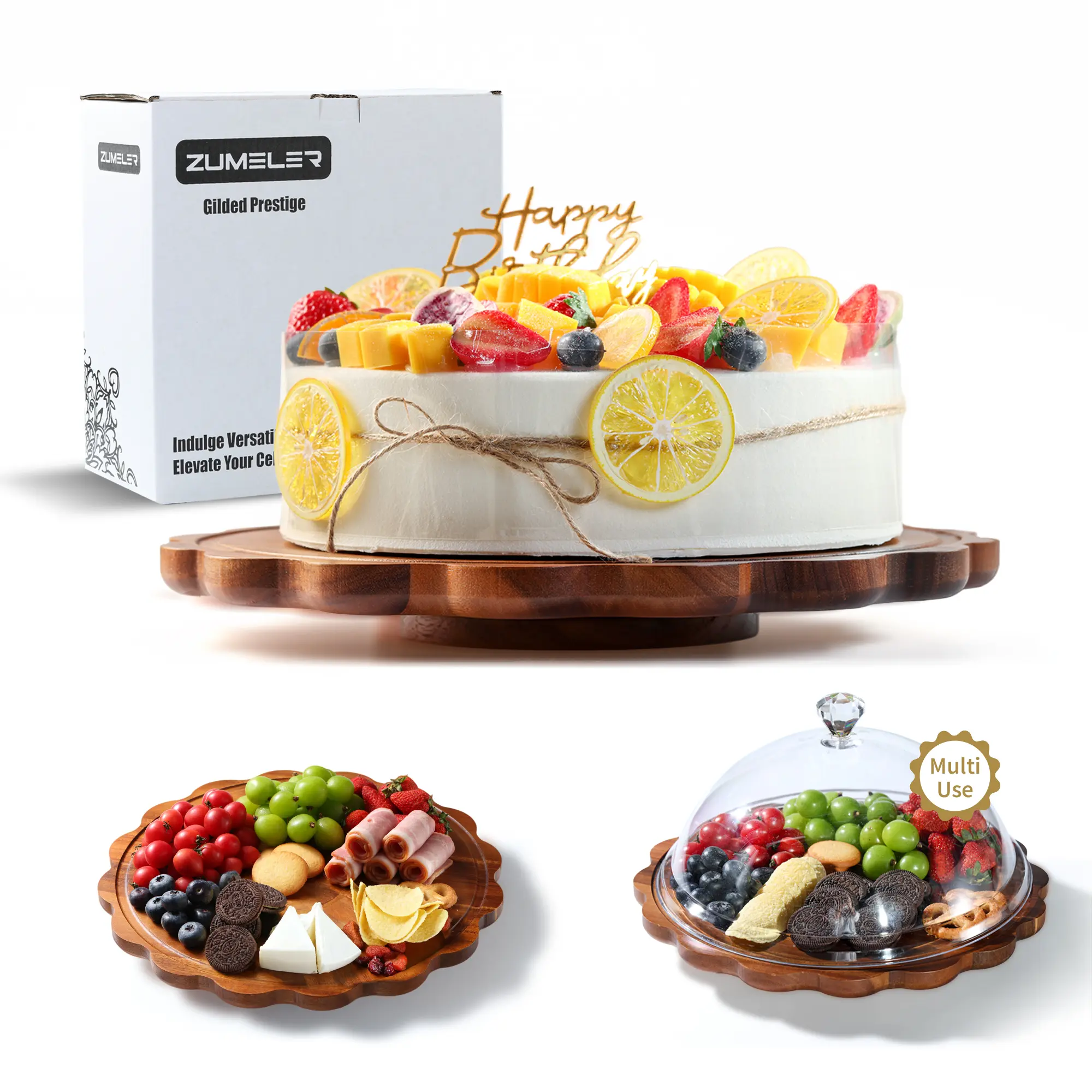 Zumeler Round Acacia Wood Cake Stand with Lid - 13.8 in Petal-Edge Plate, Acrylic Cover, Baked Desserts Board, Acacia Wood Adds Natural Warmth, Cover Keeps Cakes Fresh Longer, Wedding Baking Gift Pastry
