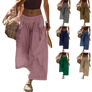 WoodBerry Women's Loose Wide Leg Track Pants Boho Sport Style Drawstring Pockets Elastic Waist Capri Hiking Parachute Pants Casual Womenswear