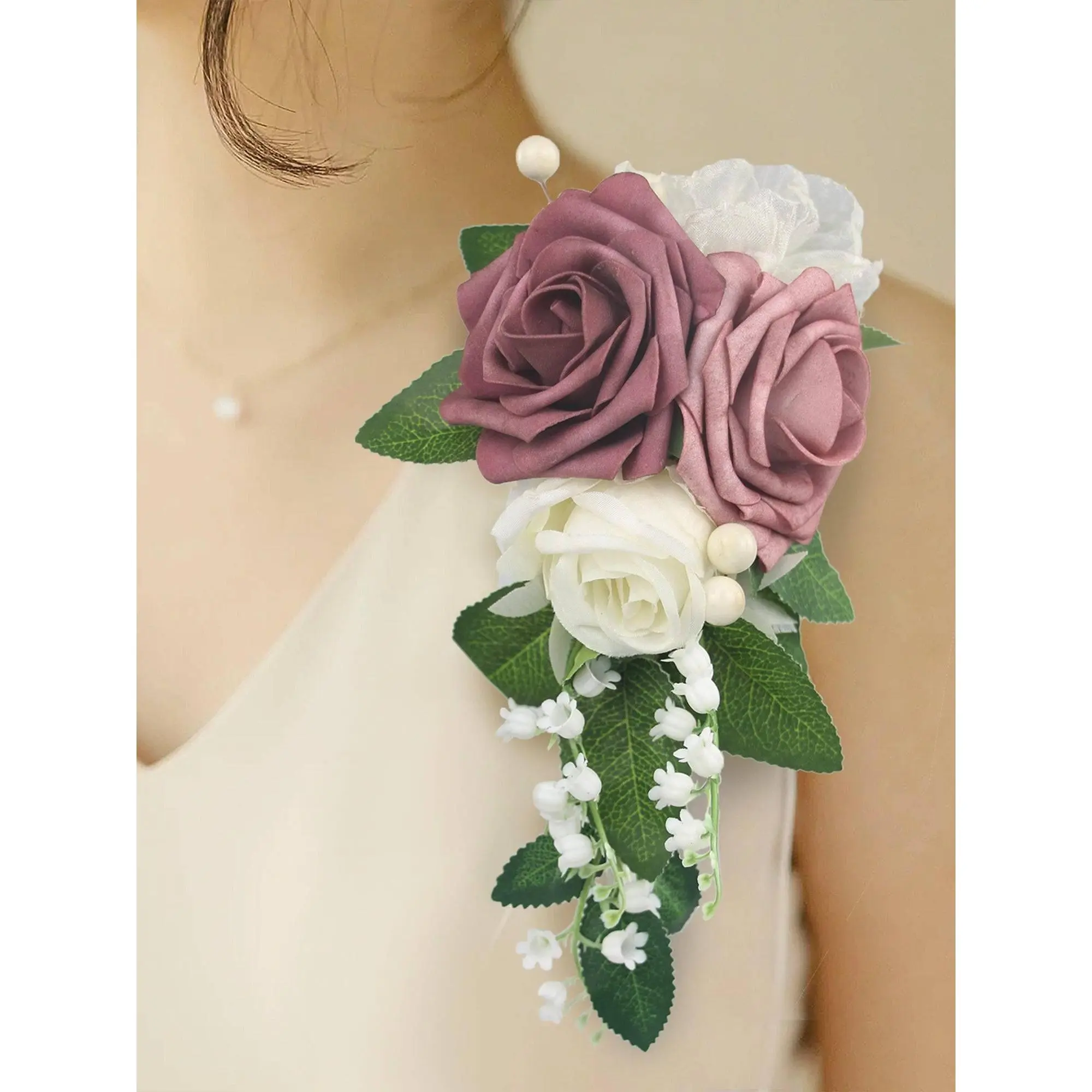 Rinlong Dusty Rose Mix Silk Shoulder Corsage, Cream Beach Wedding Decor, Festive Party Supplies, Flowers