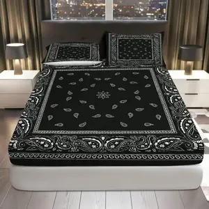 3Pcs Black Paisley Floral Fitted Sheet Three Piece Set (1*Fitted Sheet+2*Pillowcases, Coreless), Classic Style theme, Luxury Bedding Set, Mattress protector Soft, Breathable