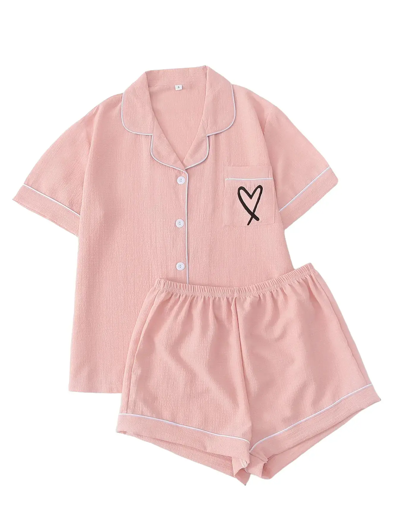Women's 2-Piece Pajama Set - Heart Print Short-Sleeve Button Shirt, Black-Trimmed White Shorts, Comfortable Loungewear Pyjamas, Chic, Shortsleeve
