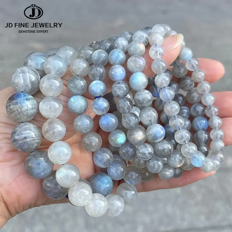 Natural Stone Grey Moonstone Labradorite Round Beads Bracelets Women Men Charm Energy Single Circle Stretch Bracelet Jewelry