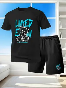 Men's Casual 2-Piece Set, Round Neck Short Sleeve Drawstring Shorts, Letter Print, Summer Street Beach Wear, Travel Running Fitness Home