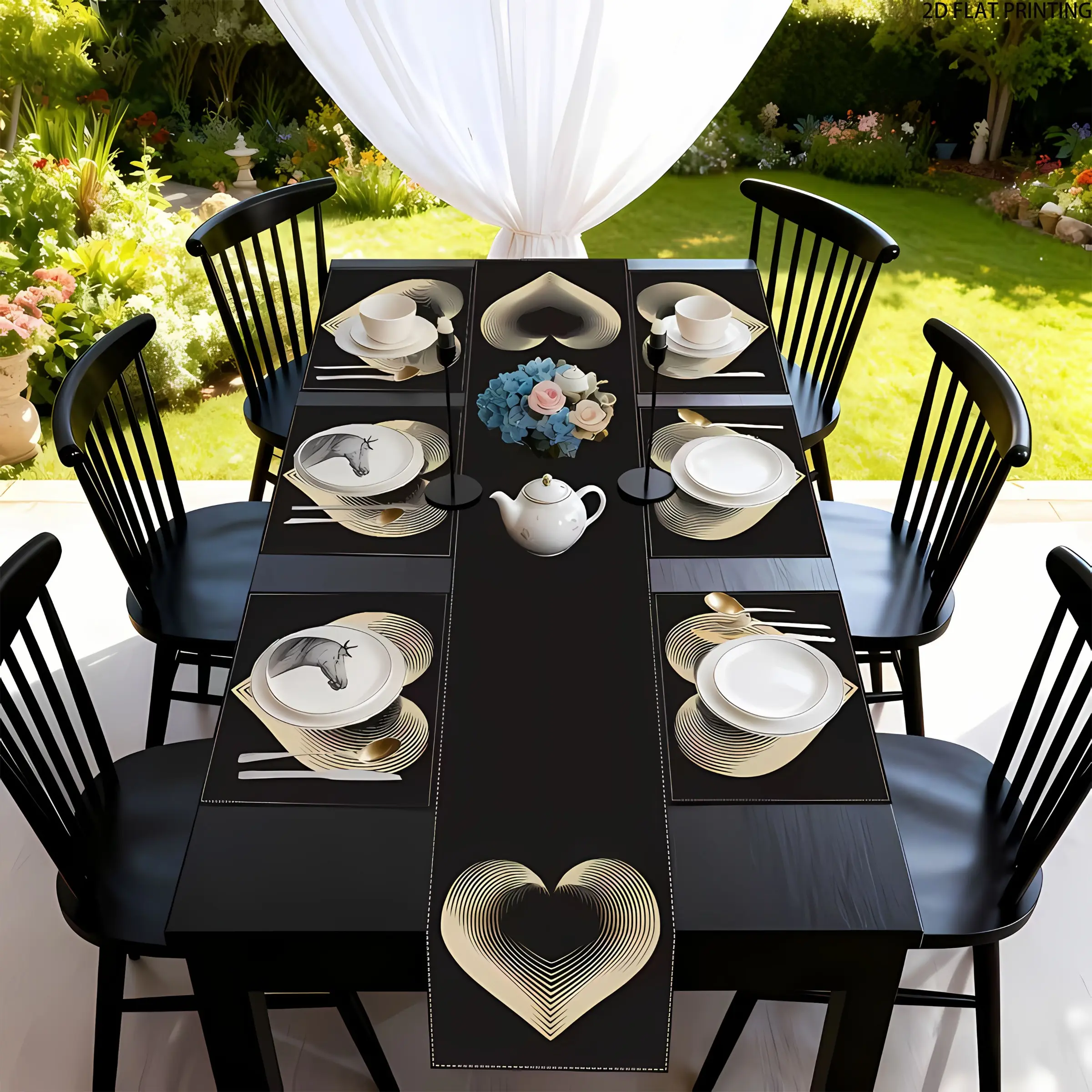 2D flat printing, set of 1/4/6/5/7/8 table flags and placemats, Household placemat, elegant romantic heart-shaped design, suitable for Valentine's Day, Black Valentine's Day, anniversaries, weddings, parties, and kitchen or dining table decoration