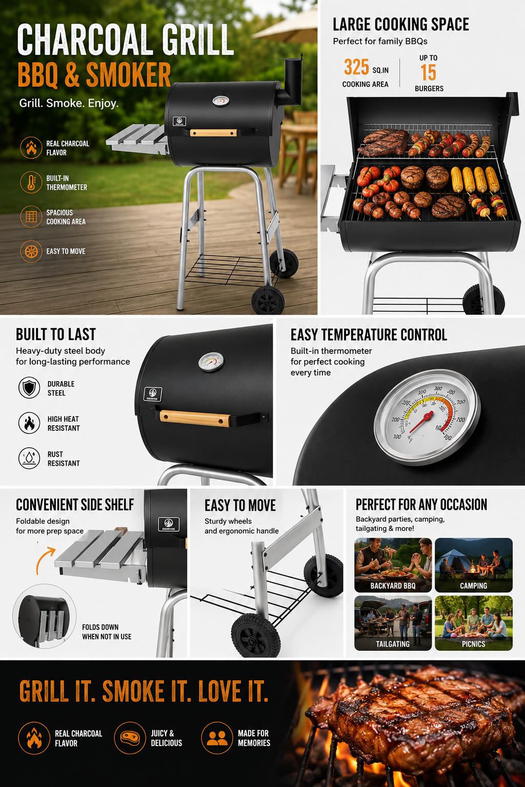 Compact Stainless Steel Barrel Shape Barbecue Grill - Barrel Space Saver, Balcony-Size BBQ Pit with Warming Rack for Patios, Grilling Outdoor Cooking, Bbq Charcoal Grills