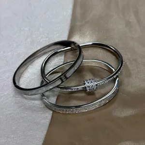 Luxury Silver Crystal Bangles Set Stackable Bracelets for Women Elegant Minimal Jewelry with Sparkling Crystals