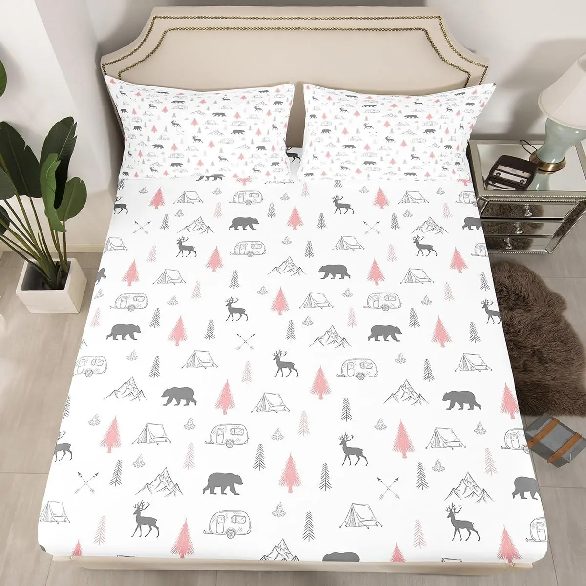 Bear Deer Print Fitted Sheet,Camping Car Adventure Bed Sheets Adult Room Decor,Pine Tree Mountain Bedding Set,Wild Animals Plants Deep Pocket Sheet,Pink Grey White