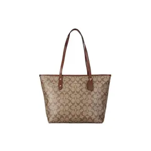 Coach City Zip Tote 30 Classic Monogram Tote Bag for Women, Structured Leather-look Handbag in Khaki
