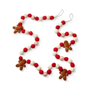 tag 72-inch Gingerbread Men Figures Red White Accent Balls Wool Felt Garland Doorway Tabletop Wall Mantel Home Decoration Christmas Tree Decor