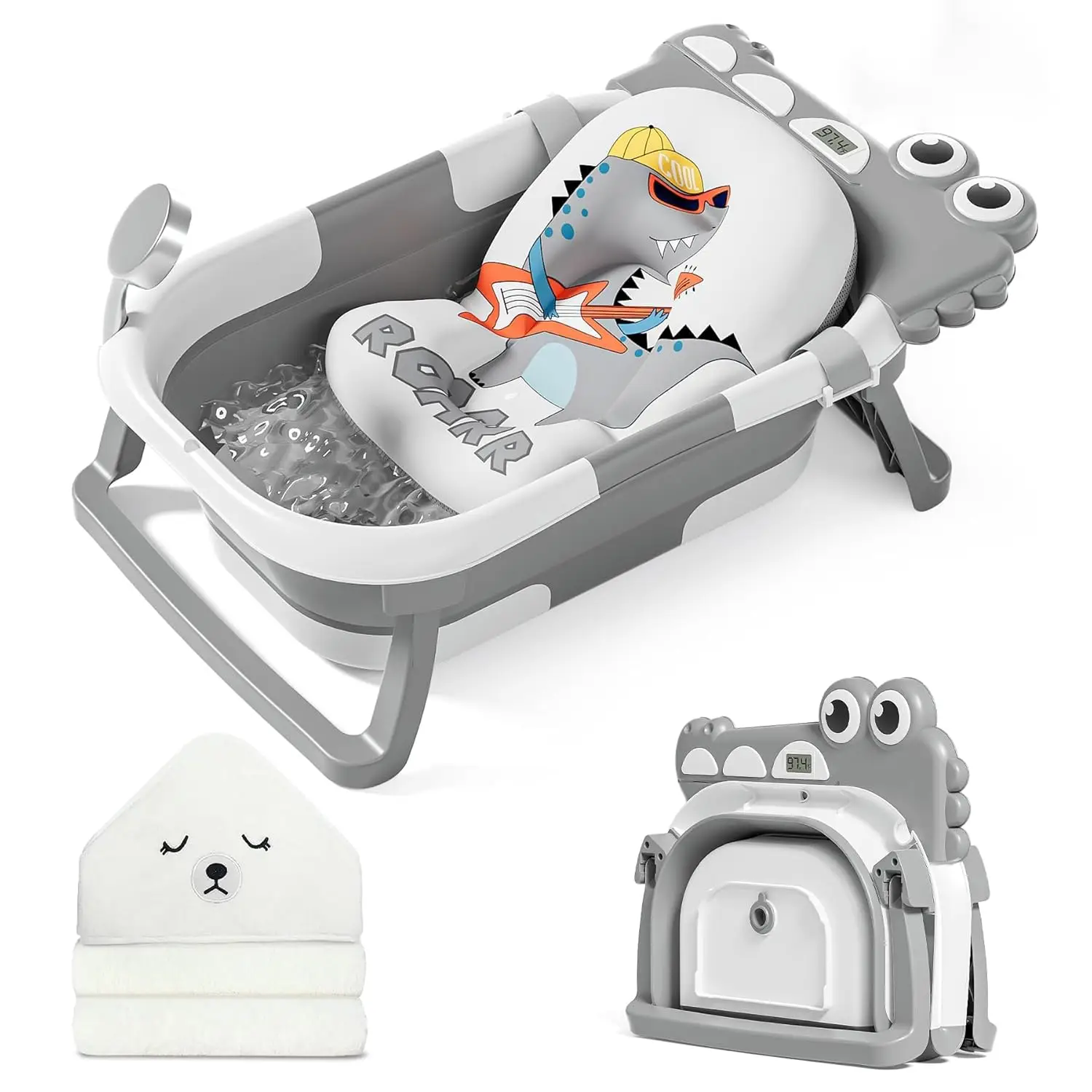 MoreFeel Collapsible Baby Bathtub for Newborn with Thermometer & 1 Hooded Towel & 1 Soft Floating Cushion Portable Travel Bathtub with Drain Hole Gift