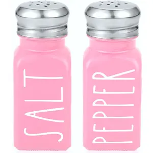 Pink Salt and Pepper Shakers Set by Brighter Barns - Pink Kitchen Accessories - Cute Glass Shakers - Pink Kitchen Decor - Pink Decor for Home Restaurants Wedding & Stainless Steel Lid (Pink)