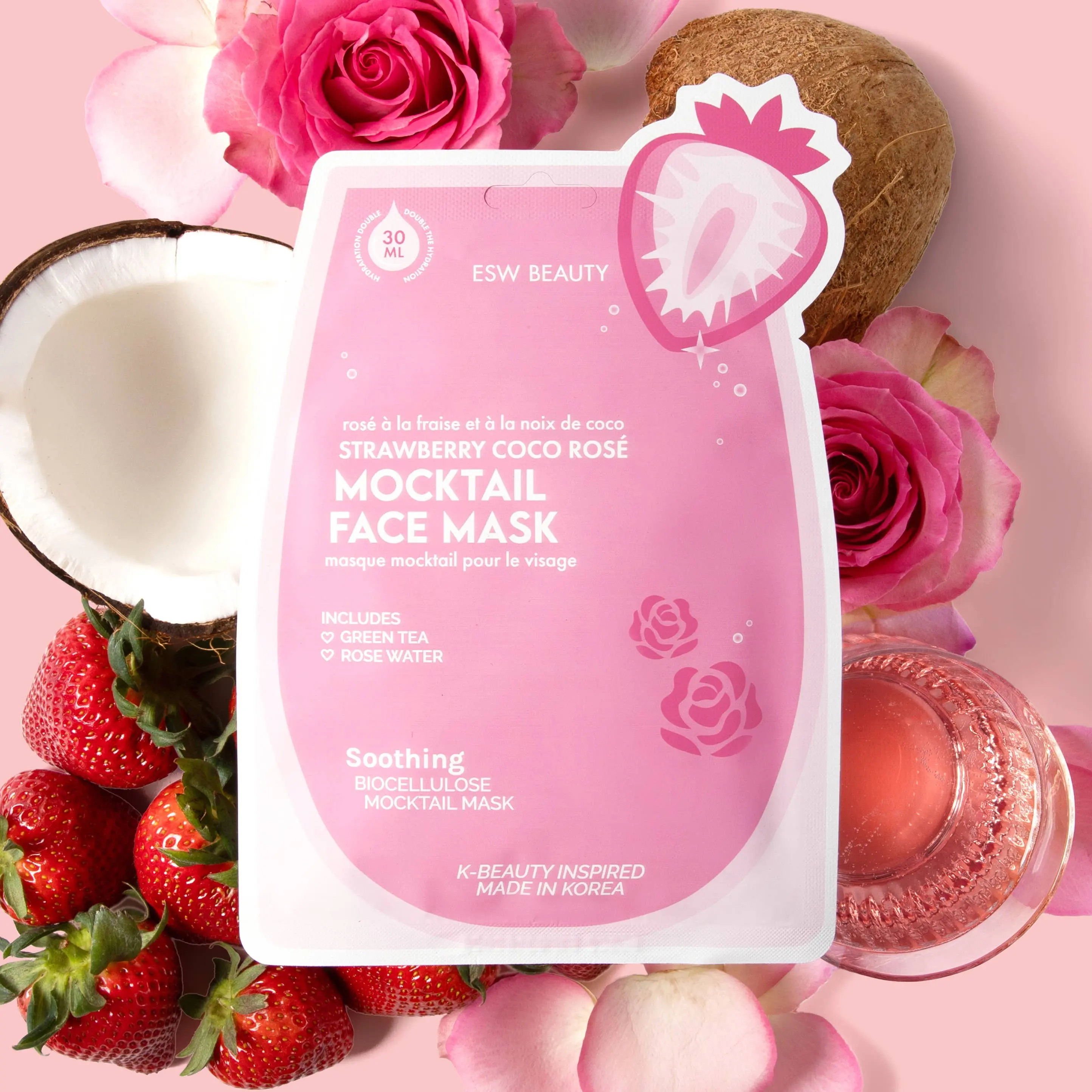 Vegan Strawberry Coconut Rosé Mocktail Biocellulose Face Mask - Cruelty-Free, Sustainable, Hyaluronic Acid Clean Beauty Mask for Soothing, Hydrating Gentle Radiant Skin, Co