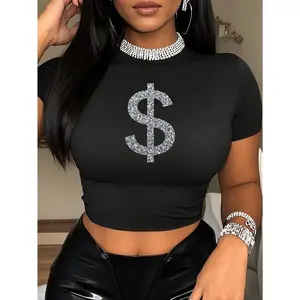 Stretchy Women's Crop Top T-Shirt with Graphic Print Y2K Crew Neck Tee, Slim Fit for Summer