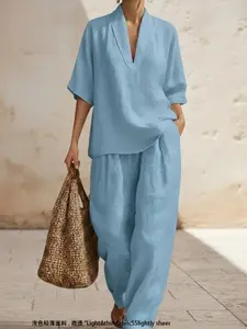 Women's Pure Color Casual Comfortable Minimalist Linen Two-Piece Set, Spring Summer New Arrival, Style, Casual Lounge Set