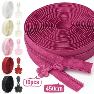 5# Nylon Zipper Set (450cm/5 Yard + 10 Matching Zipper Heads), Multi-Color Options, Star-Shaped Zipper Heads, Ideal for Clothing & DIY Crafts