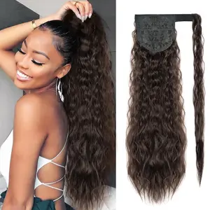 Long Corn Wave Ponytail Extension Magic Paste Heat Resistant Wavy Synthetic Wrap Around Ponytail Black Hairpiece for Women outdoorfun