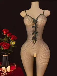 Women's Plain Cami Fishnet Jumpsuit, Sexy Solid Color Bow Jumpsuit, Women's Lingerie for All Seasons