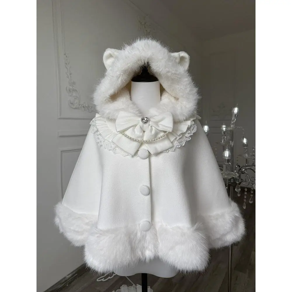 Women's 2025 Winter Cute Long Sleeve Fitted Basic Lolita Shawl Coat - Bow Hooded, Patchwork, Warm, Sweet Fur Collar, Chic Design, Jackets, Minimalist, Outerwear