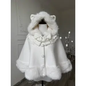 Winter 2025 New Lolita Shawl Overcoat Women Design Bow Hooded Patchwork Kawaii Cope Coat Female Warm Chic Sweet Fur Collar Coat