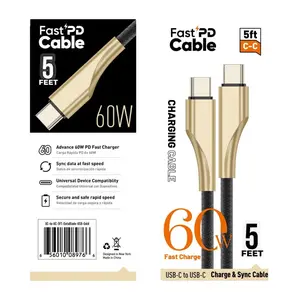 60W Fast Charge Type-C to Type-C Cable 5ft Durable Braided Nylon Data Transfer Cord, Universal USB-C Device Compatibility