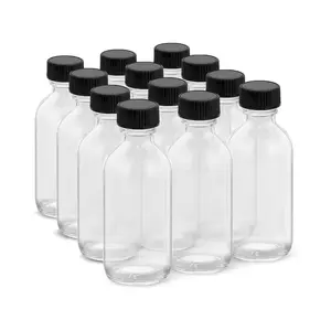 2OZ Small Glass Bottles with Lids and Funnels, 60ml Boston Round Glass Bottles, Leakage-Proof Mini Travel Bottle, Perfect for Diy Essential Oils, Perfumes, Whiskey and Juices, 12 Pack Clear
