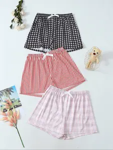 Women's Plaid Pajama Pants, Pjs, Short Style, Spring Summer Wear, Casual Fitted All over Print Sleepwear Loungewear, Comfortable Moderate Knit Fabric