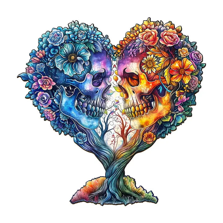 Skull and Love Wooden Jigsaw Puzzle, Intermediate Mind Game for Lovers, Romantic Heart Gift for Memory Training and Observation