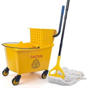 35 Quart Commercial Mop Bucket with Side Press Wringer  Wheels,Yellow,Include Heavy Duty Industrial Mop for Floor Cleaning,Household,Business,Restaurants and Janitorial Use