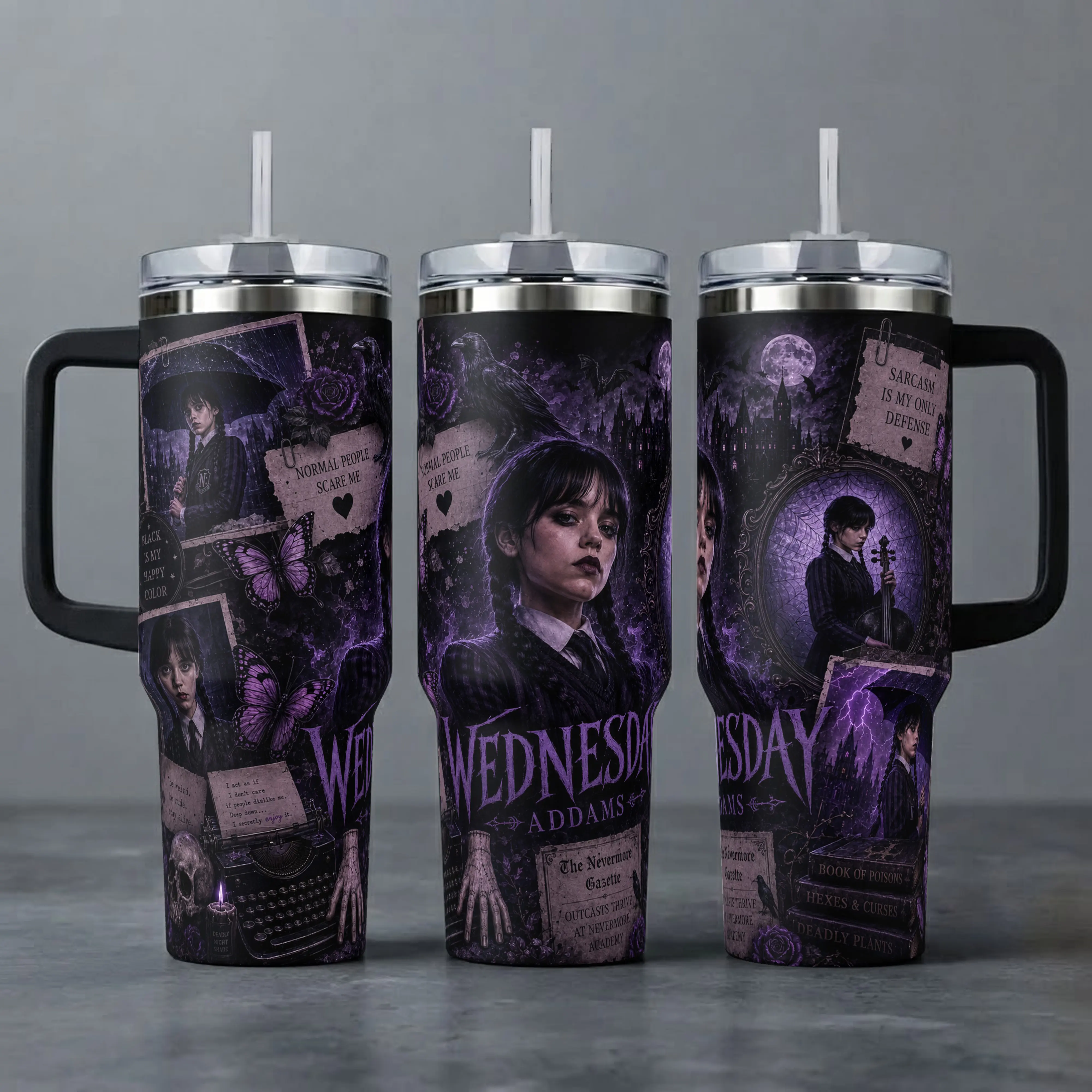 Wednesday Addams Gothic Tumbler - 20oz & 40oz Insulated Travel Mug with Handle & Straw, Nevermore Fan Merchandise, Insulation, Coffee Gift For Back to School