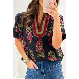 Black Floral Short Bubble Sleeve Contrast Blouse