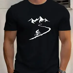 Men'S Light Blue Cycling Graphic T-Shirt - Breathable Summer Tee with Mountain Bike Design, Regular Fit Casual Shirt for Cycling Enthusiasts & Casual Attire, Outdoor Leisurewear, Mountain B 100% cotton