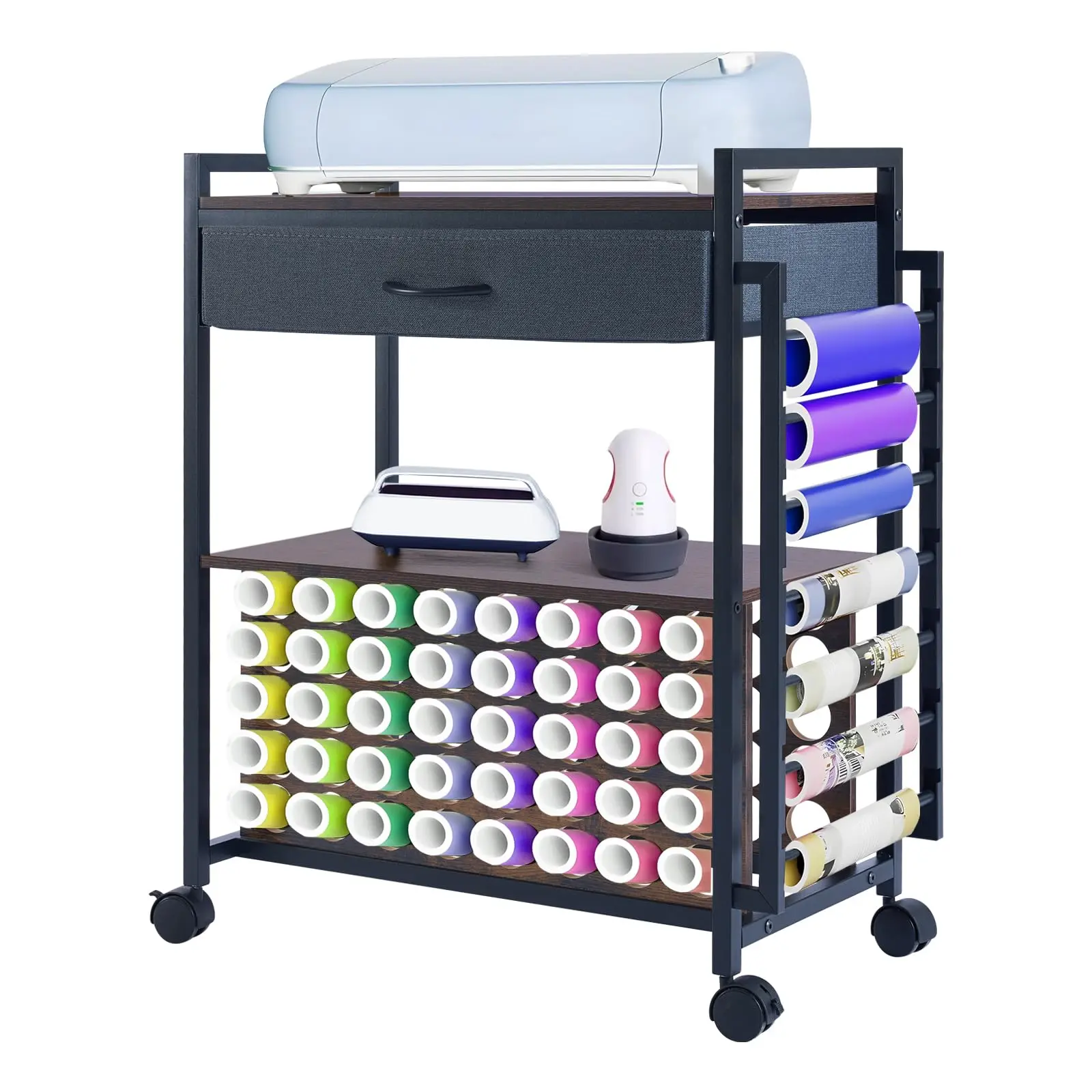 Craft Organizer and Storage Rolling Cart Compatible with Cricut Machine, Craft Storage Cart with Fabric Drawer & Hook, 47 Vinyl Roll Holder for Home Crafting Workstation Room