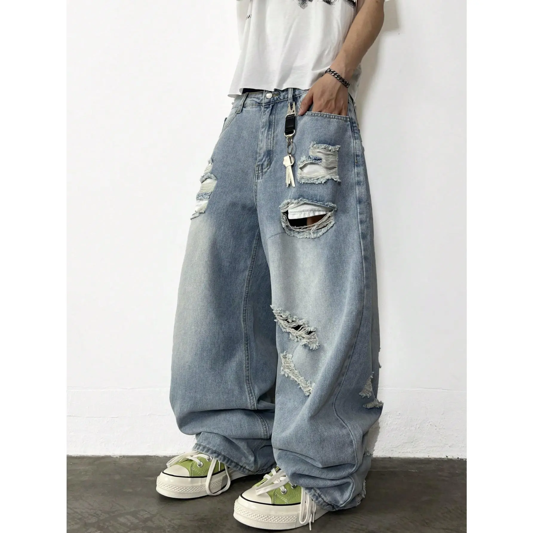 1pc Distressed American Casual Loose Fit Wide Leg Washed Denim Jeans For Men (No Belt & Accessories)