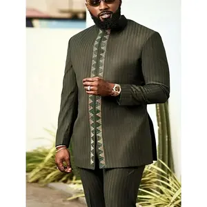 1 Set Men'S African Dashiki Suit, Long Sleeve Striped Print with Stand Collar, Button Front Split Hem, Elastic Waist Pants, Casual Polyester 95% Spandex 5% 2pcs Outfit for All Seasons, Street Style, Parties, Weddings