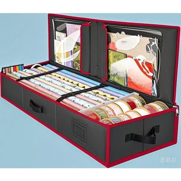 Durable Gift Wrap Storage Organizer, 40" 600D Oxford Fabric Bag with Flexible Partitions for Ribbon, Holiday Accessories, Reusable Wrapping Paper Holder, Black/Red Storage Solution for Crafts