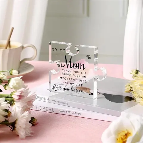 Acrylic Puzzle-Shaped Photo Plaque - Transparent Crystal Shine Creative Desktop Decoration, 3.5×4in Office Home Decor Small Gift for Mother for Birthday & Christmas
