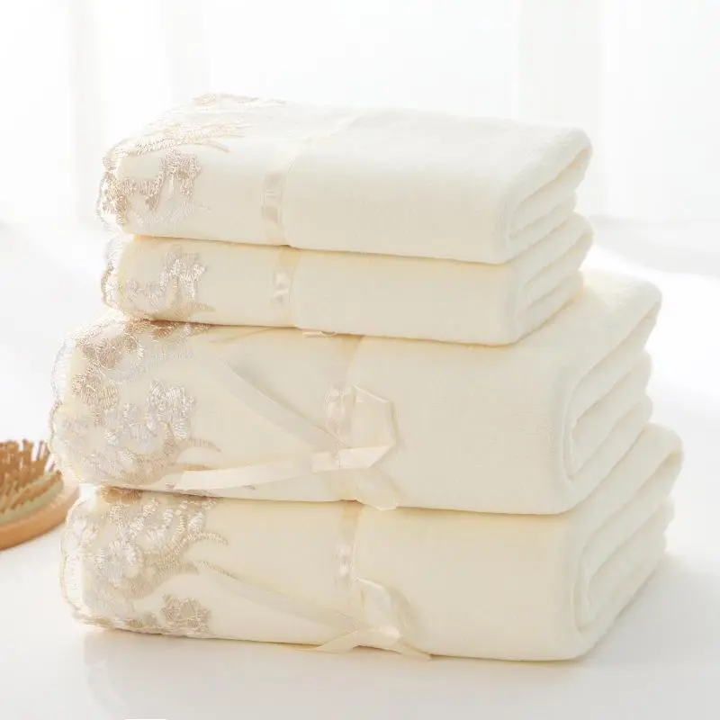 4-piece lace embroidered towel set, household microfiber towel, soft hand towel bath towel, bathroom bath towel set, bathroom absorbent towel, 2 bathroom towels and 2 hand towels, bathroom supplies, Premium Towel Set, Body Towels
