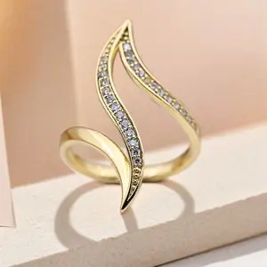 Minimalist Shiny Arc Shaped Zirconia Golden Plated Wedding Ring for Women - Perfect Engagement Wedding Promise Anniversary Gift for Valentine Christmas