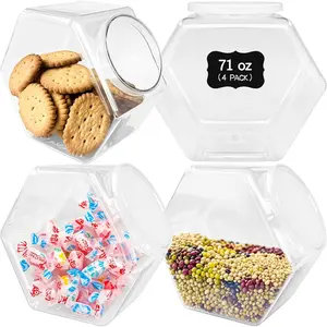 4 Pcs 71 Oz Clear Plastic Hexagonal Candy Jars with Lids for Kitchen Use Storing Dry Food Candy Dog Food Cookies Coffee Pods Laundry Pods