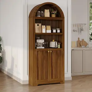 71.6 inch Tall Arched Storage Cabinet 5 Tier Wooden Pantry Cabinet with Doors and Adjustable Shelves Home Office Arch Book Shelf Storage Organizer for Living Room Bedroom Walnut
