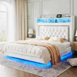 Raybee Queen Size Bed Frame with 54.5" Tall Headboard & Storage Shelf, Luxury Upholstered Bed Frame with LED Lights & Power Outlet, Moder Amerial Style Bedroom Furniture,  Platform Floating Beds Holds 900lbs, Hite, Gray