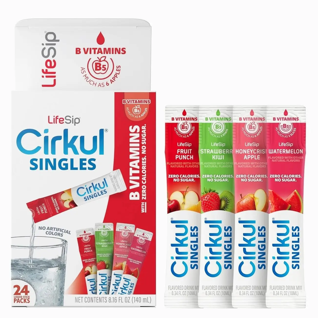 Cirkul LifeSip® Sugar Free Water Flavoring Clear Liquid Packets (24 Pack) - Fruit Punch, Strawberry Kiwi, Apple, Watermelon. No Sugar, Zero Calorie Drink Mix with B Vitamins, No Artificial Colors